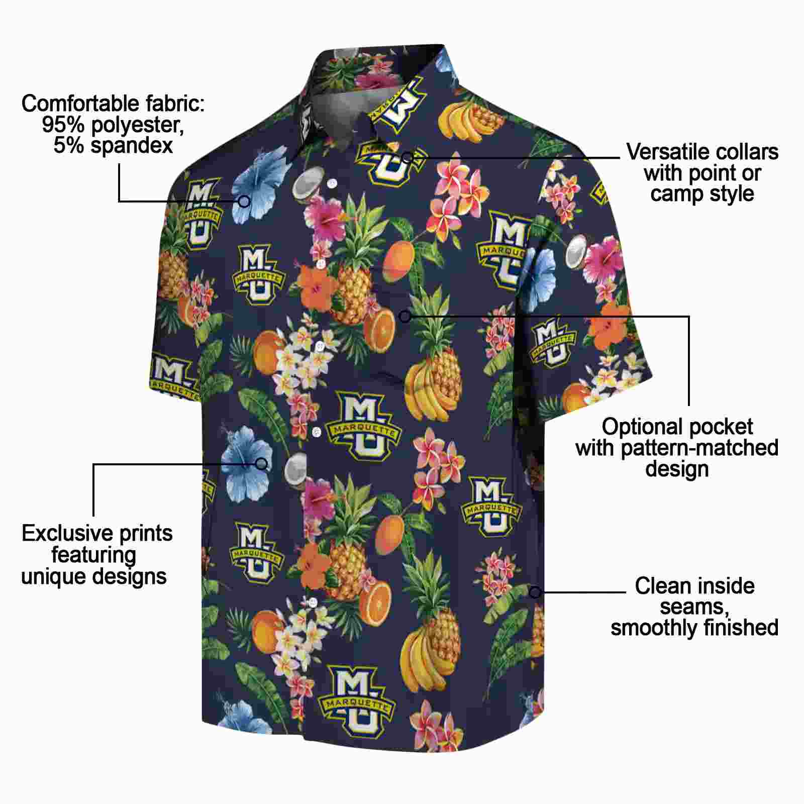 marquette golden eagles hibiscus and fruit navy blue hawaiian shirt new arrival