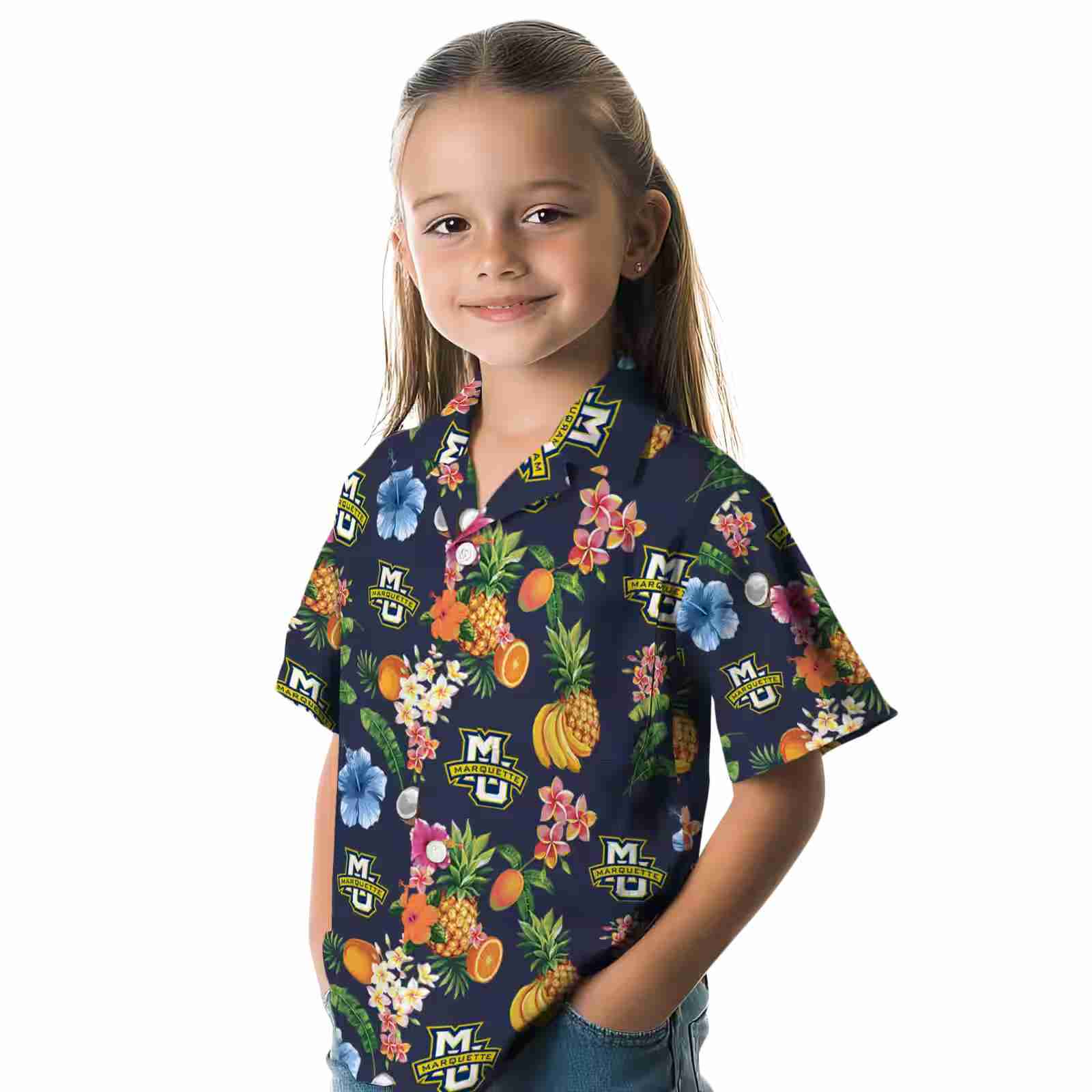 marquette golden eagles hibiscus and fruit navy blue hawaiian shirt premium grade