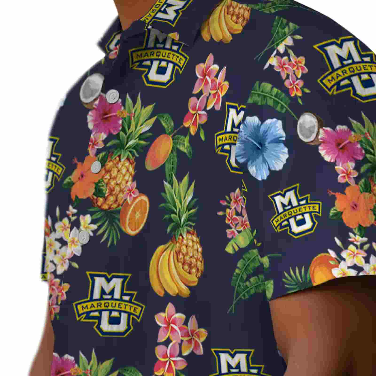 marquette golden eagles hibiscus and fruit navy blue hawaiian shirt trendy