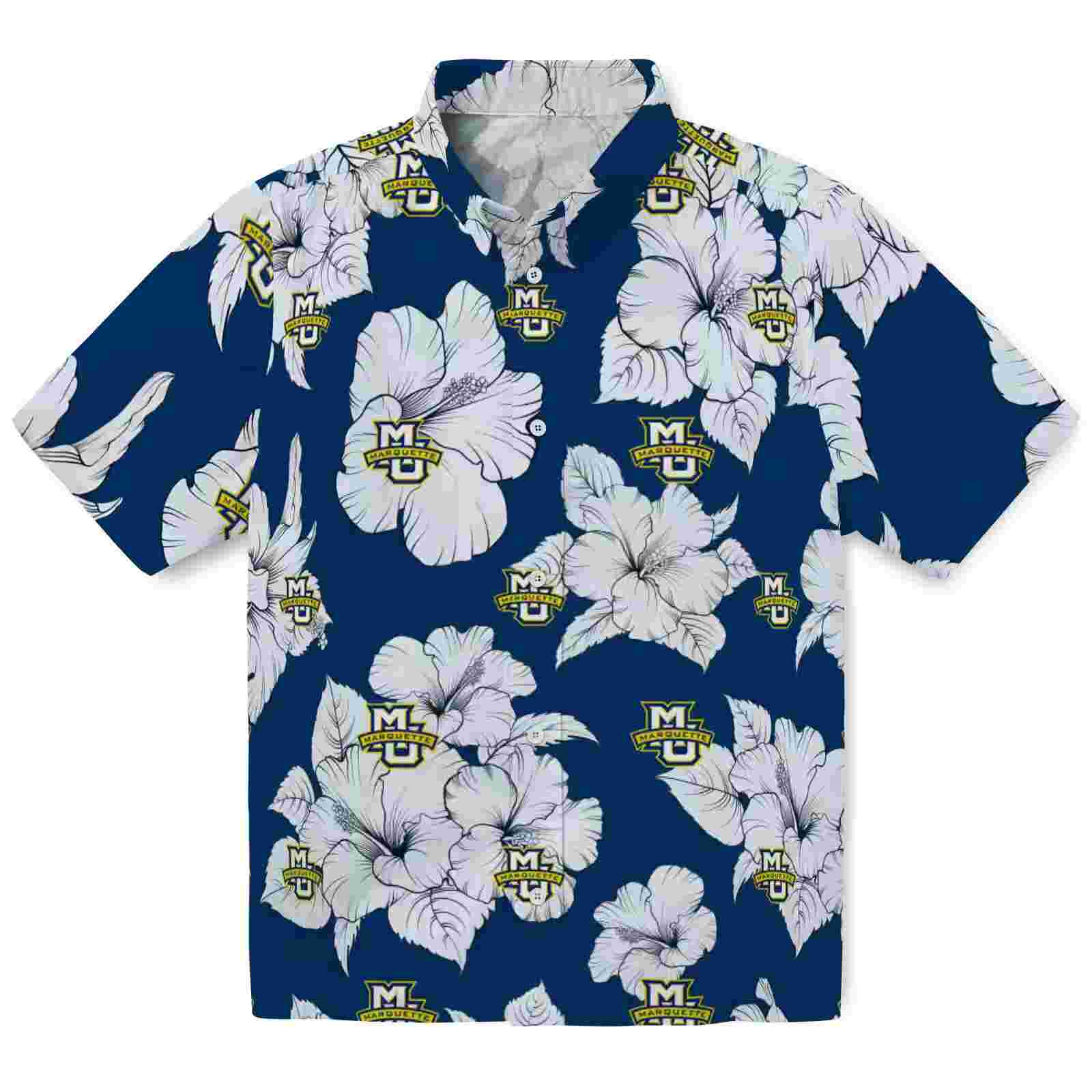 Marquette Golden Eagles Hibiscus Blooms Blue White Hawaiian Shirt