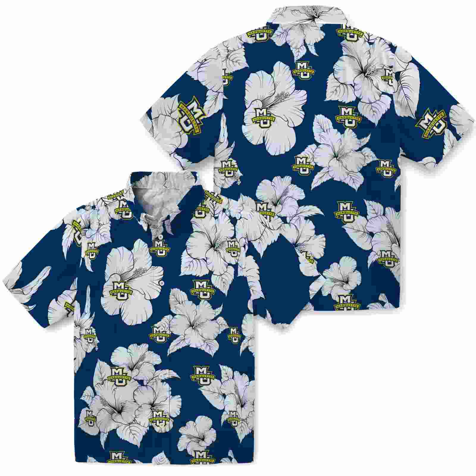 marquette golden eagles hibiscus blooms blue white hawaiian shirt high quality