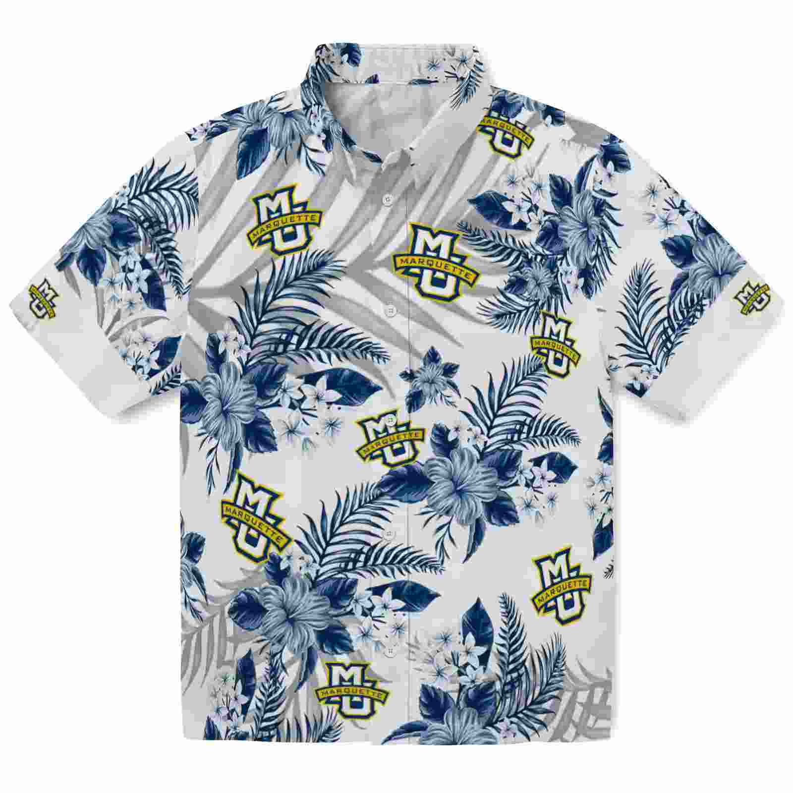 Marquette Golden Eagles Hibiscus Palm Leaves Blue White Hawaiian Shirt