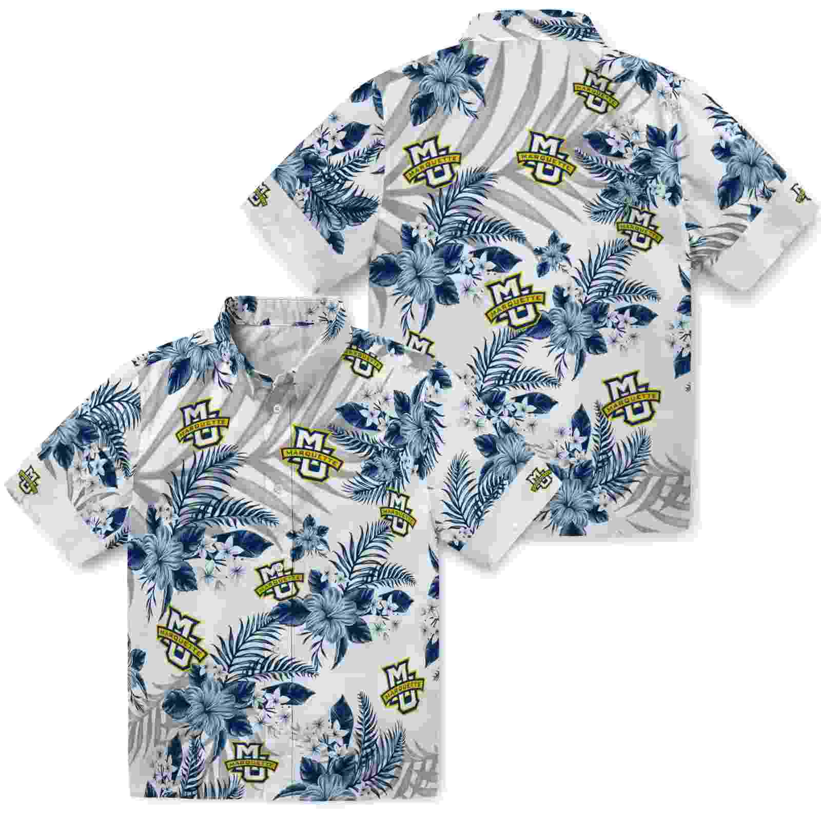 marquette golden eagles hibiscus palm leaves blue white hawaiian shirt high quality