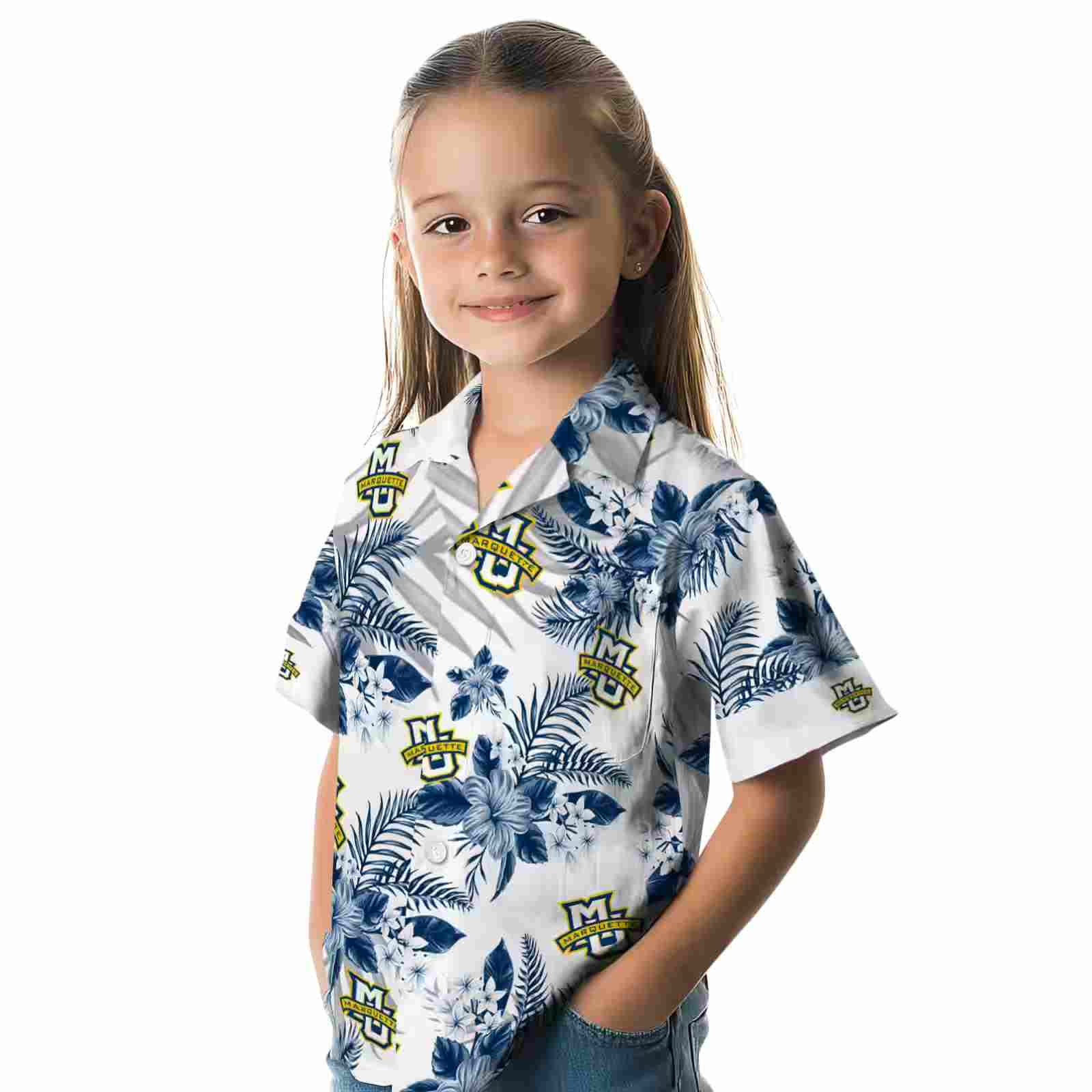 marquette golden eagles hibiscus palm leaves blue white hawaiian shirt premium grade