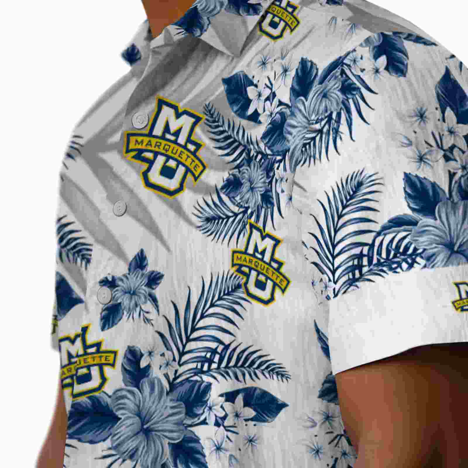 marquette golden eagles hibiscus palm leaves blue white hawaiian shirt trendy