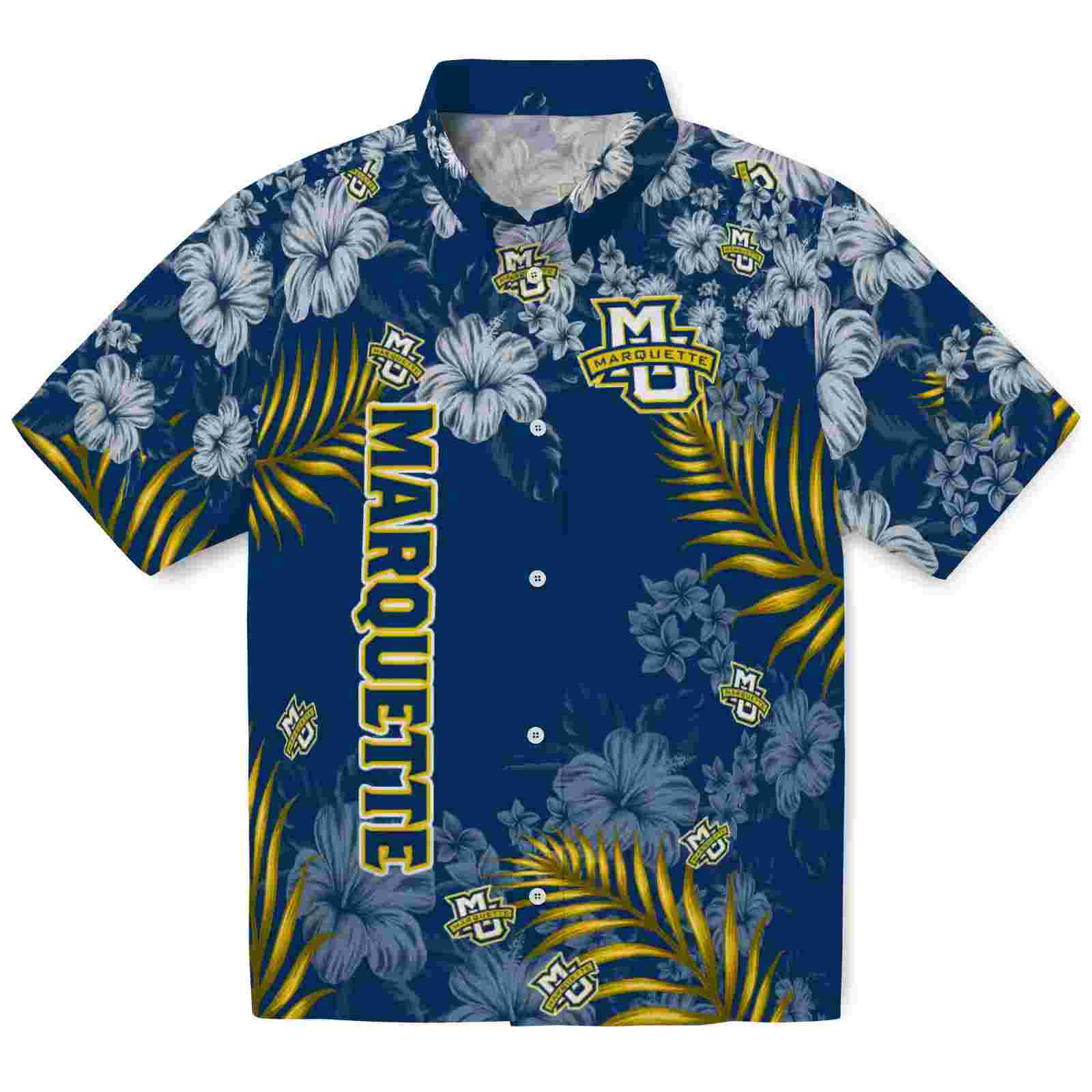 Marquette Golden Eagles Hibiscus Print Blue Hawaiian Shirt