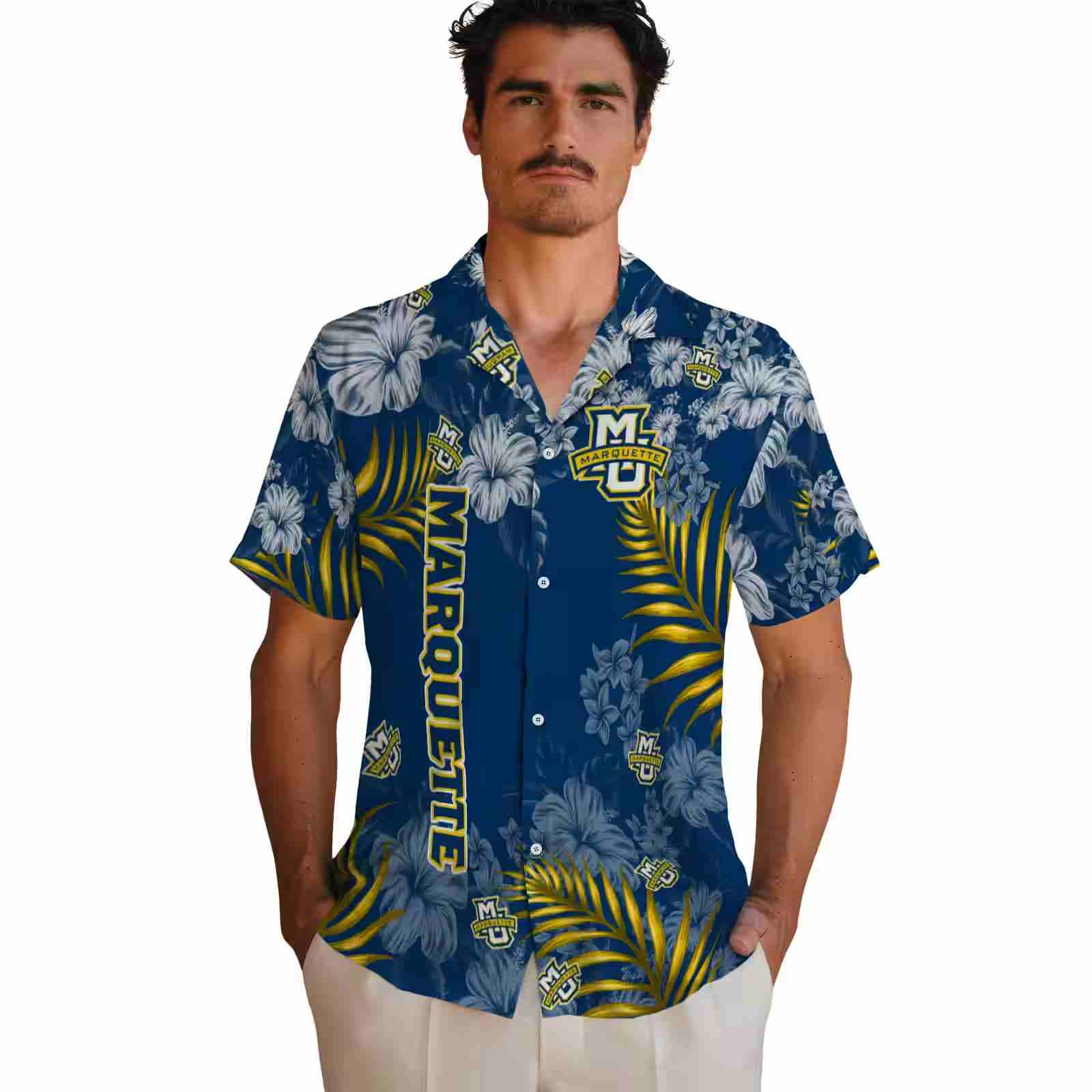 marquette golden eagles hibiscus print blue hawaiian shirt fashion forward