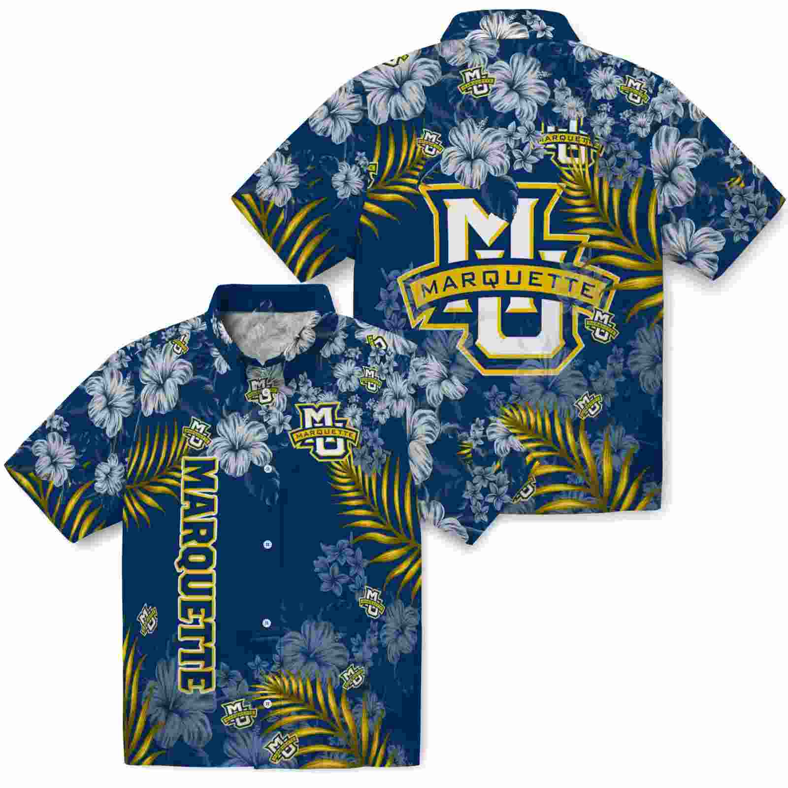 marquette golden eagles hibiscus print blue hawaiian shirt high quality