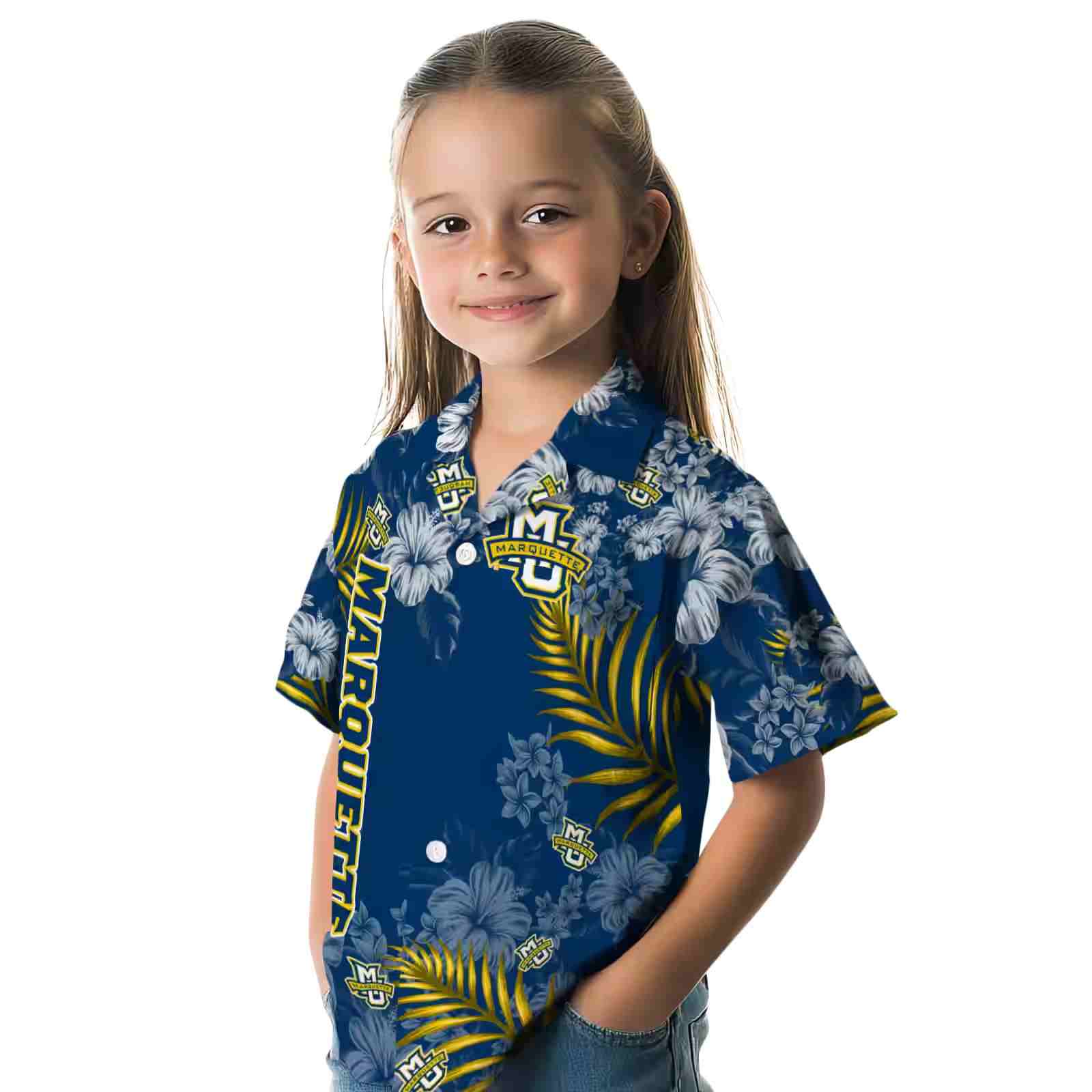 marquette golden eagles hibiscus print blue hawaiian shirt premium grade