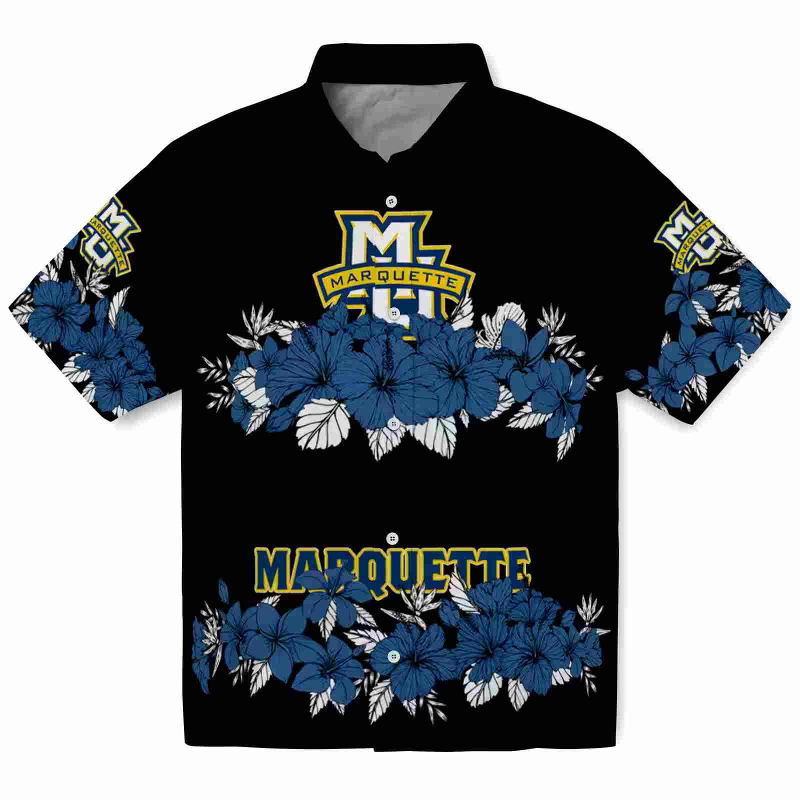 Marquette Golden Eagles Hibiscus Stripe Blue Black Hawaiian Shirt