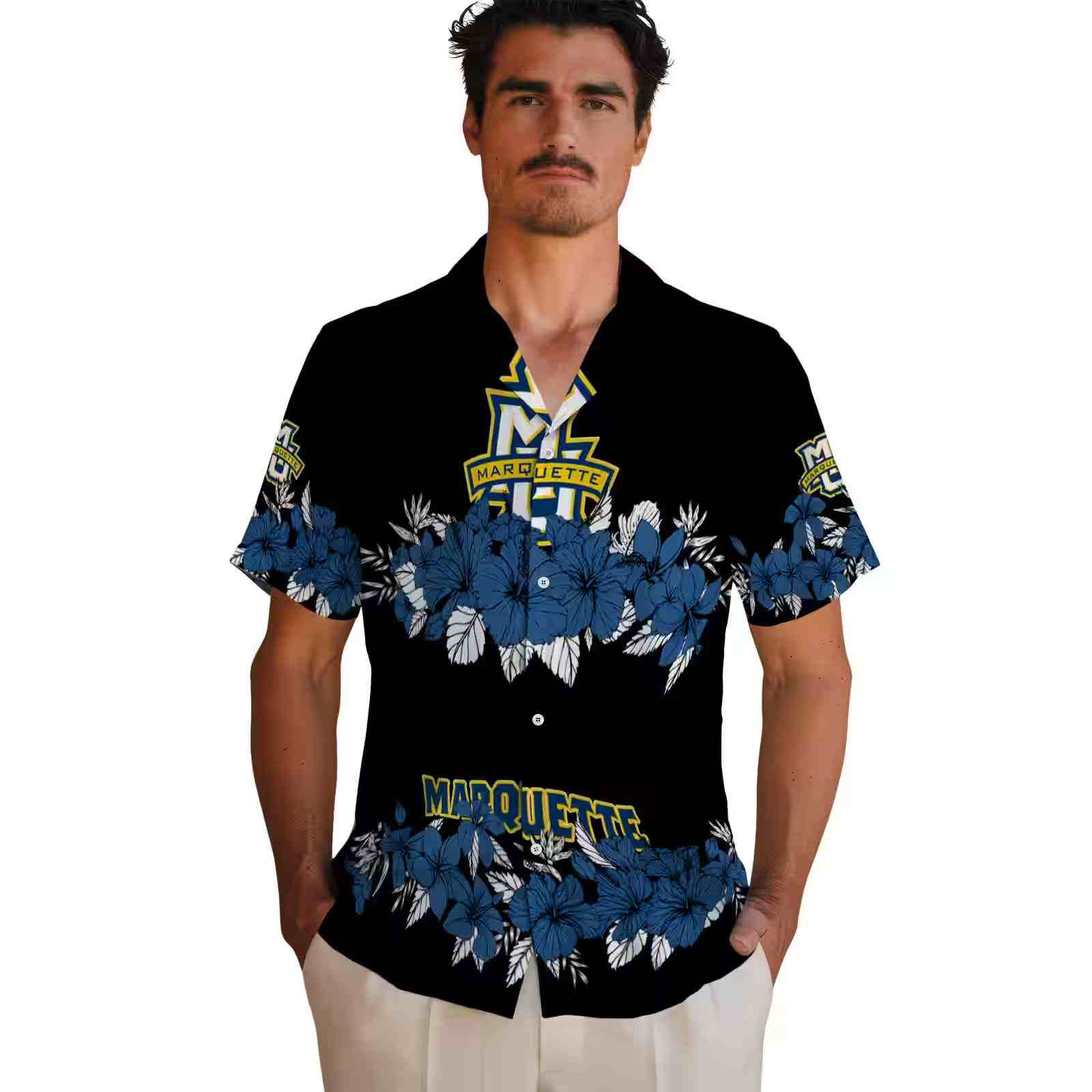 marquette golden eagles hibiscus stripe blue black hawaiian shirt fashion forward