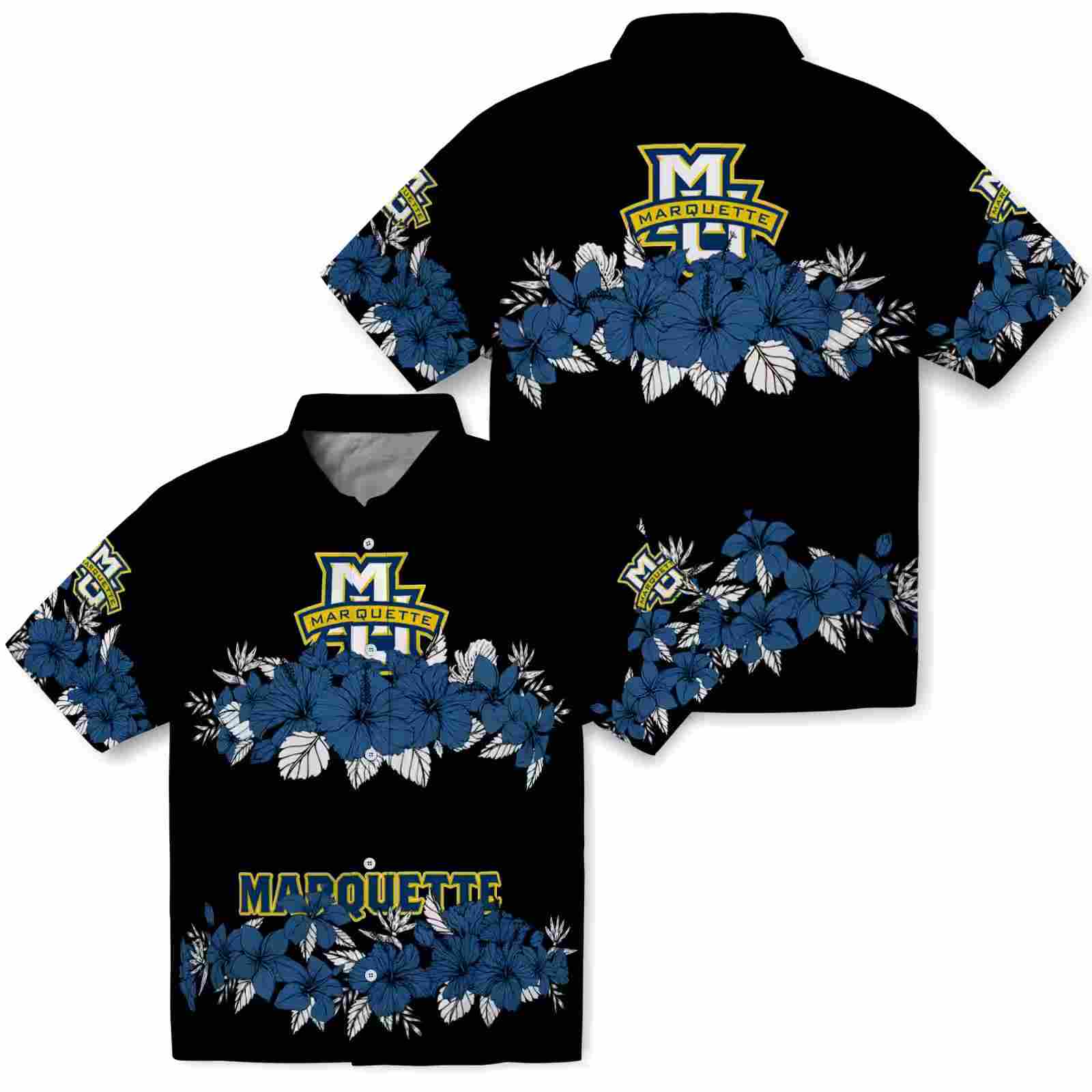 marquette golden eagles hibiscus stripe blue black hawaiian shirt high quality