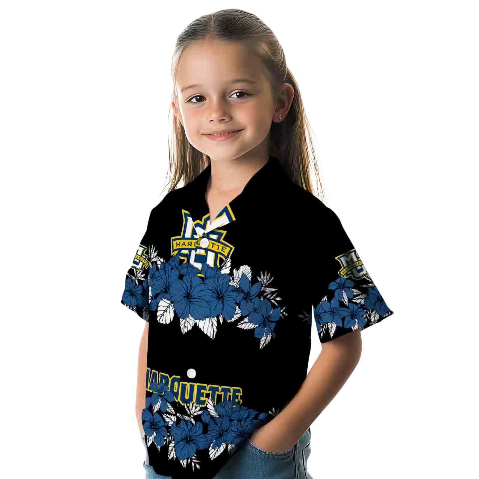 marquette golden eagles hibiscus stripe blue black hawaiian shirt premium grade