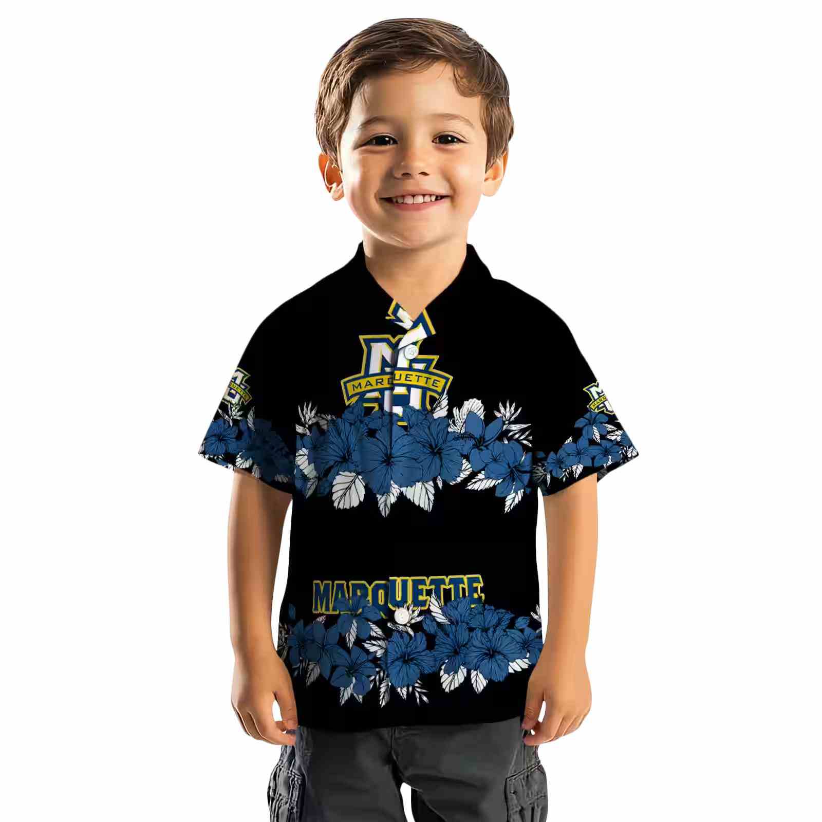 marquette golden eagles hibiscus stripe blue black hawaiian shirt top rated