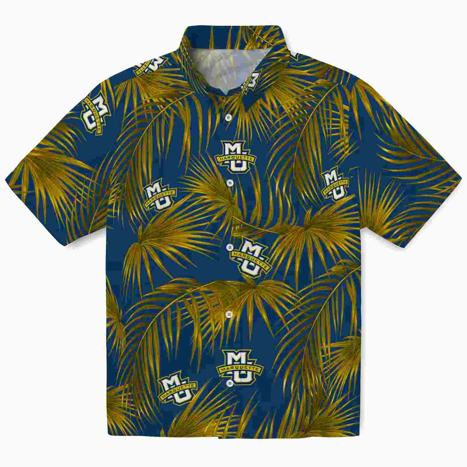 Marquette Golden Eagles Leafy Palms Blue Hawaiian Shirt