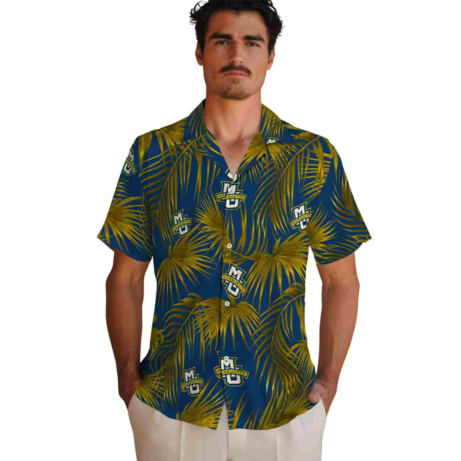 marquette golden eagles leafy palms blue hawaiian shirt fashion forward