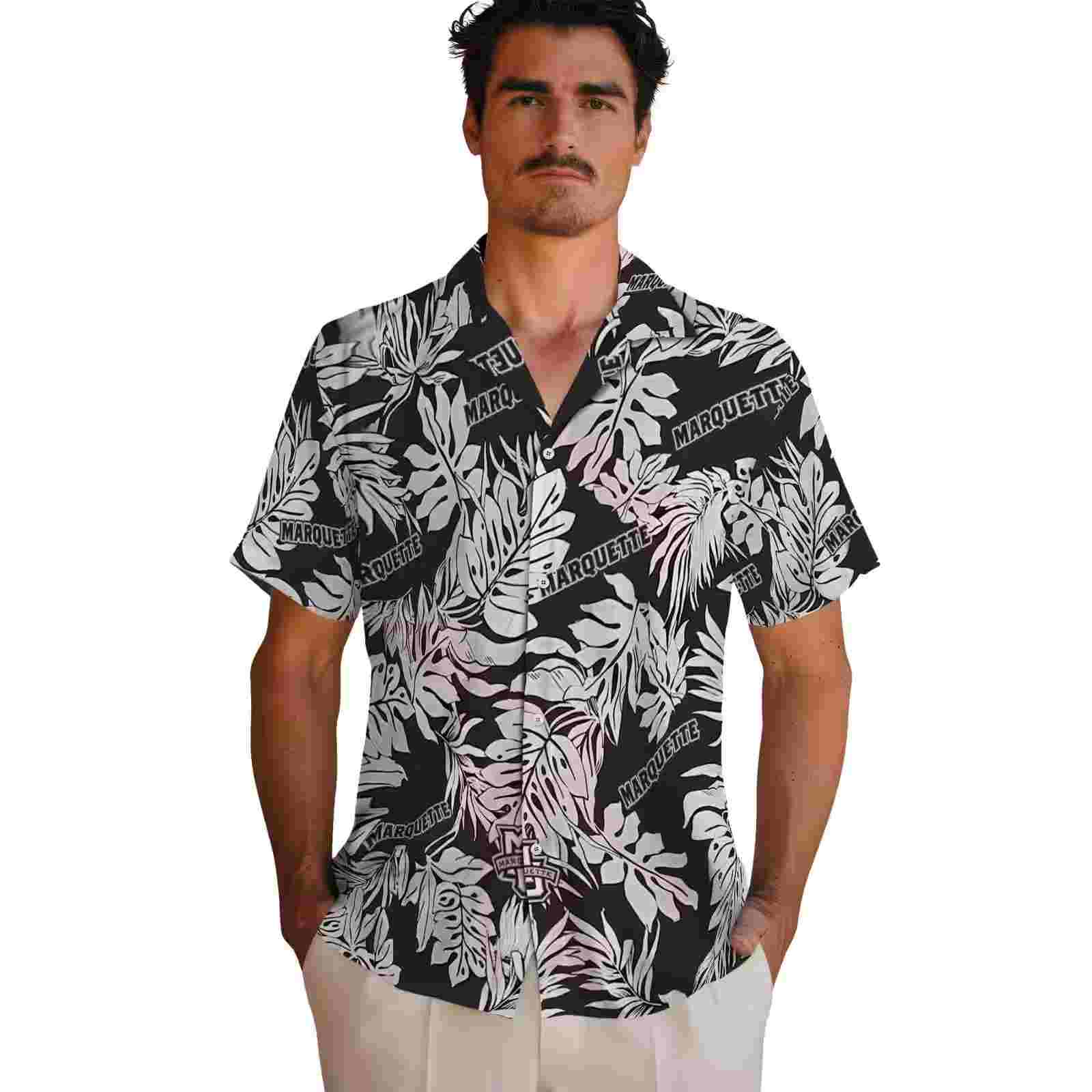 marquette golden eagles monstera leaf pattern black hawaiian shirt fashion forward