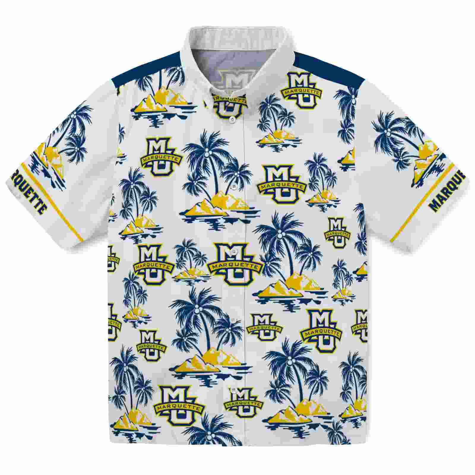 Marquette Golden Eagles Palm Island Print Blue White Hawaiian Shirt