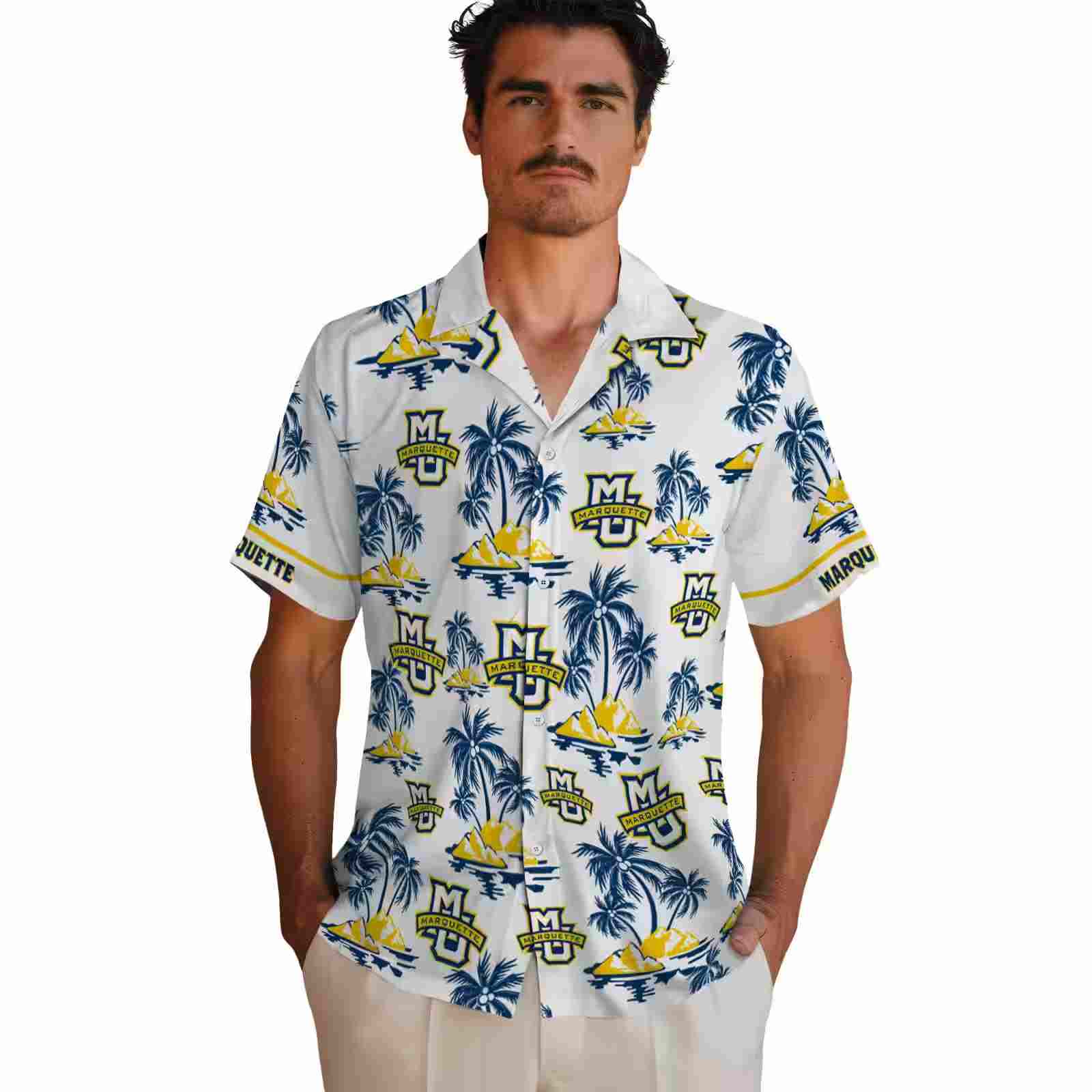 marquette golden eagles palm island print blue white hawaiian shirt fashion forward