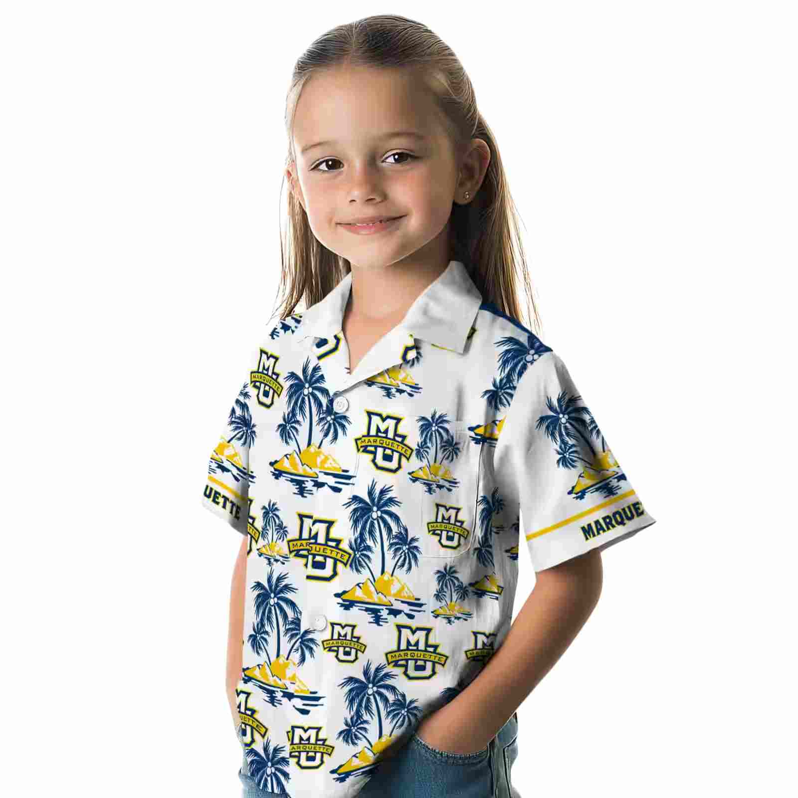 marquette golden eagles palm island print blue white hawaiian shirt premium grade