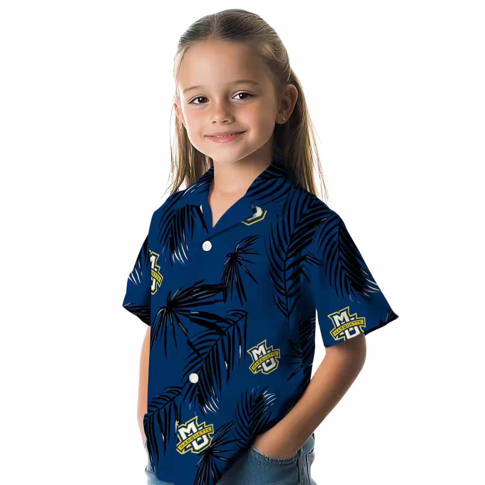 marquette golden eagles palm leaf blue hawaiian shirt premium grade