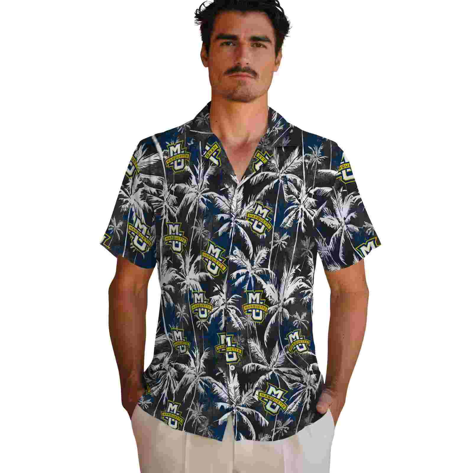 marquette golden eagles palm pattern blue black hawaiian shirt fashion forward