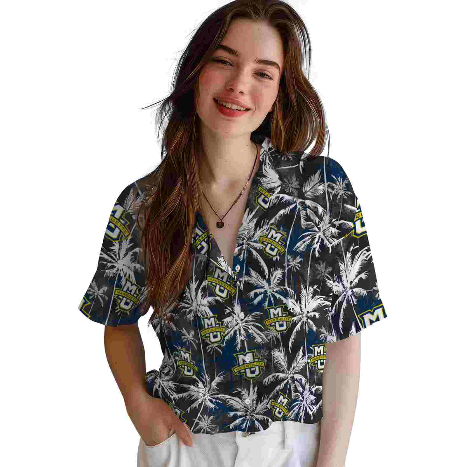 marquette golden eagles palm pattern blue black hawaiian shirt latest model