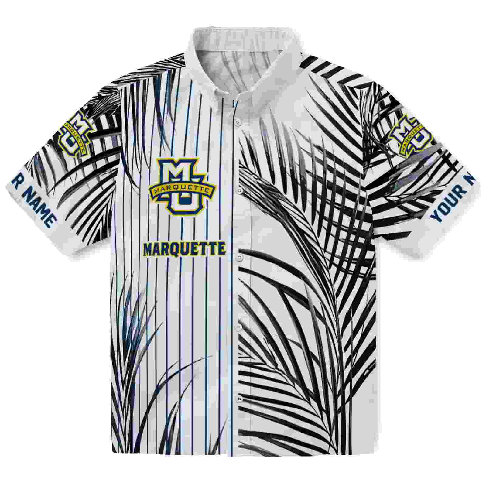 Marquette Golden Eagles Palm Stripes Blue Black White Hawaiian Shirt