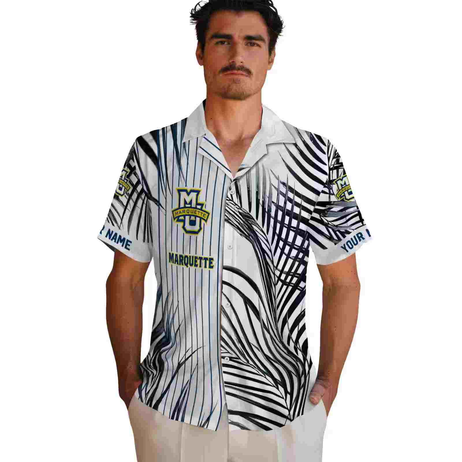 marquette golden eagles palm stripes blue black white hawaiian shirt fashion forward