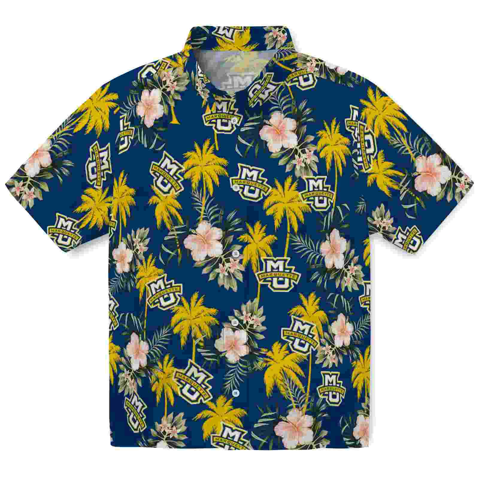 Marquette Golden Eagles Palm Tree Flower Blue Hawaiian Shirt