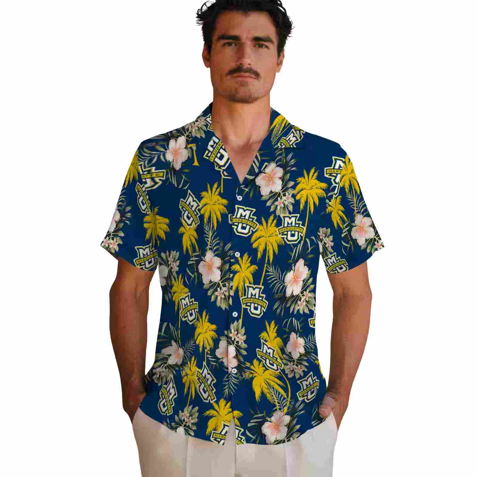 marquette golden eagles palm tree flower blue hawaiian shirt fashion forward