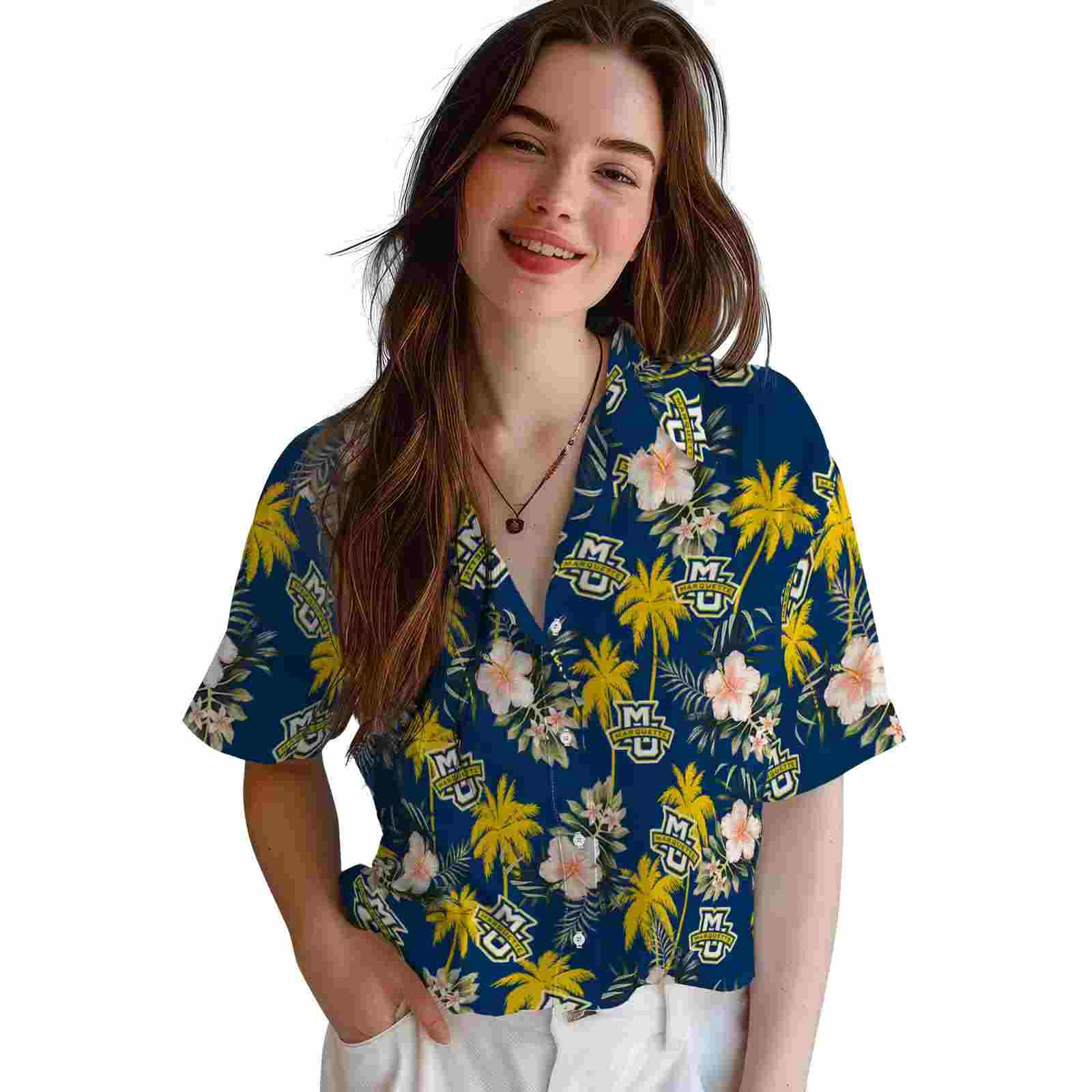 marquette golden eagles palm tree flower blue hawaiian shirt latest model