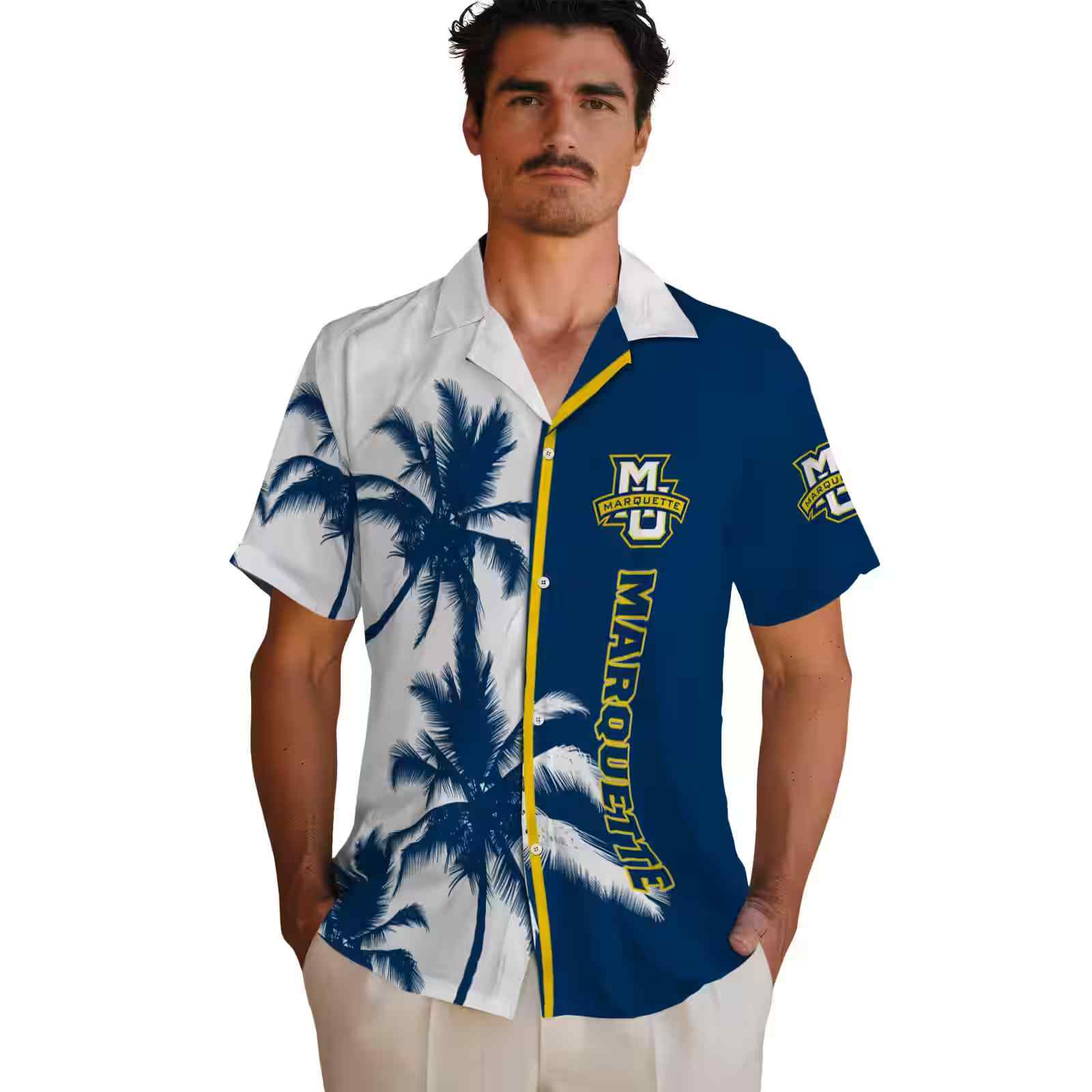 marquette golden eagles palm trees blue white hawaiian shirt fashion forward