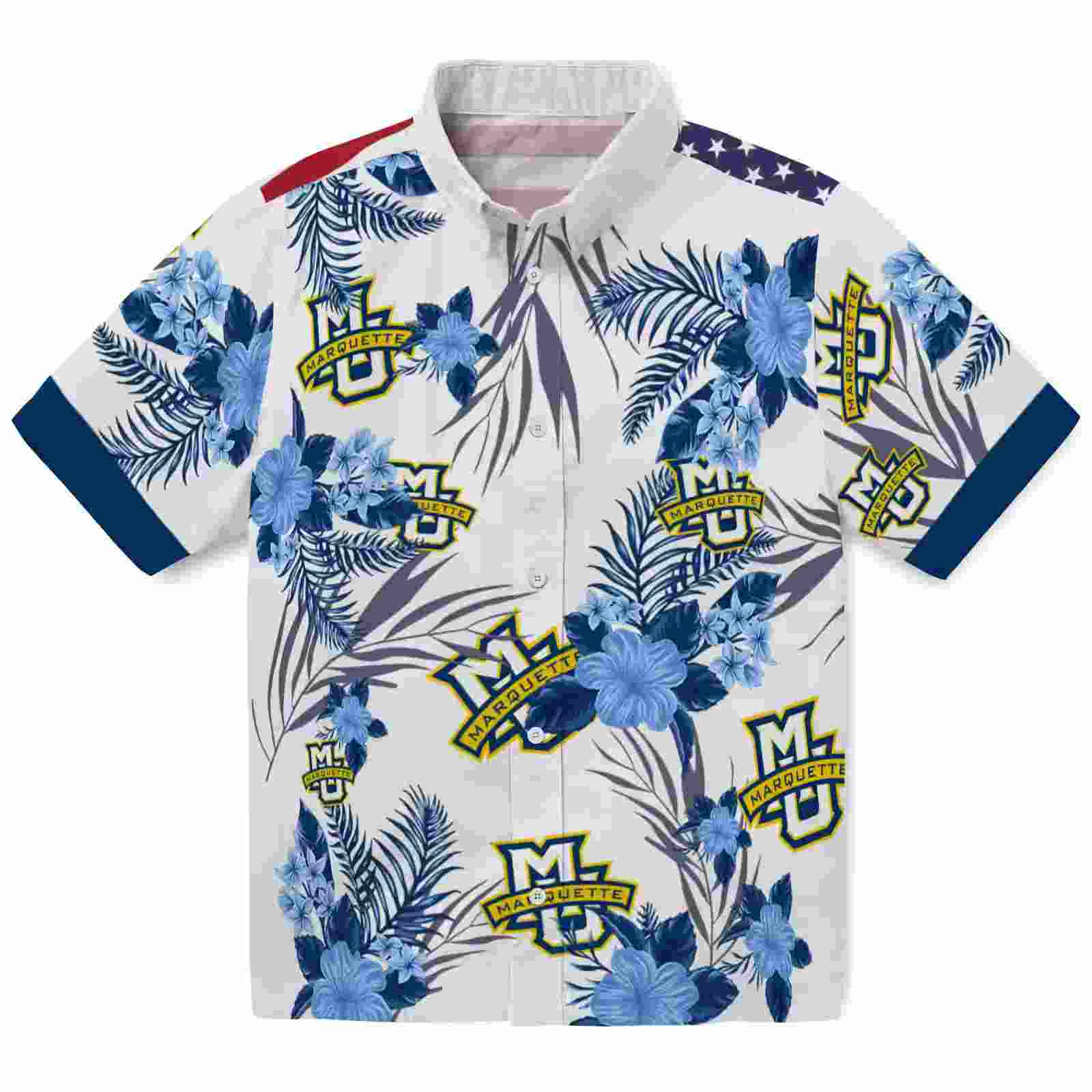 Marquette Golden Eagles Patriotic Hibiscus Design Blue White Hawaiian Shirt