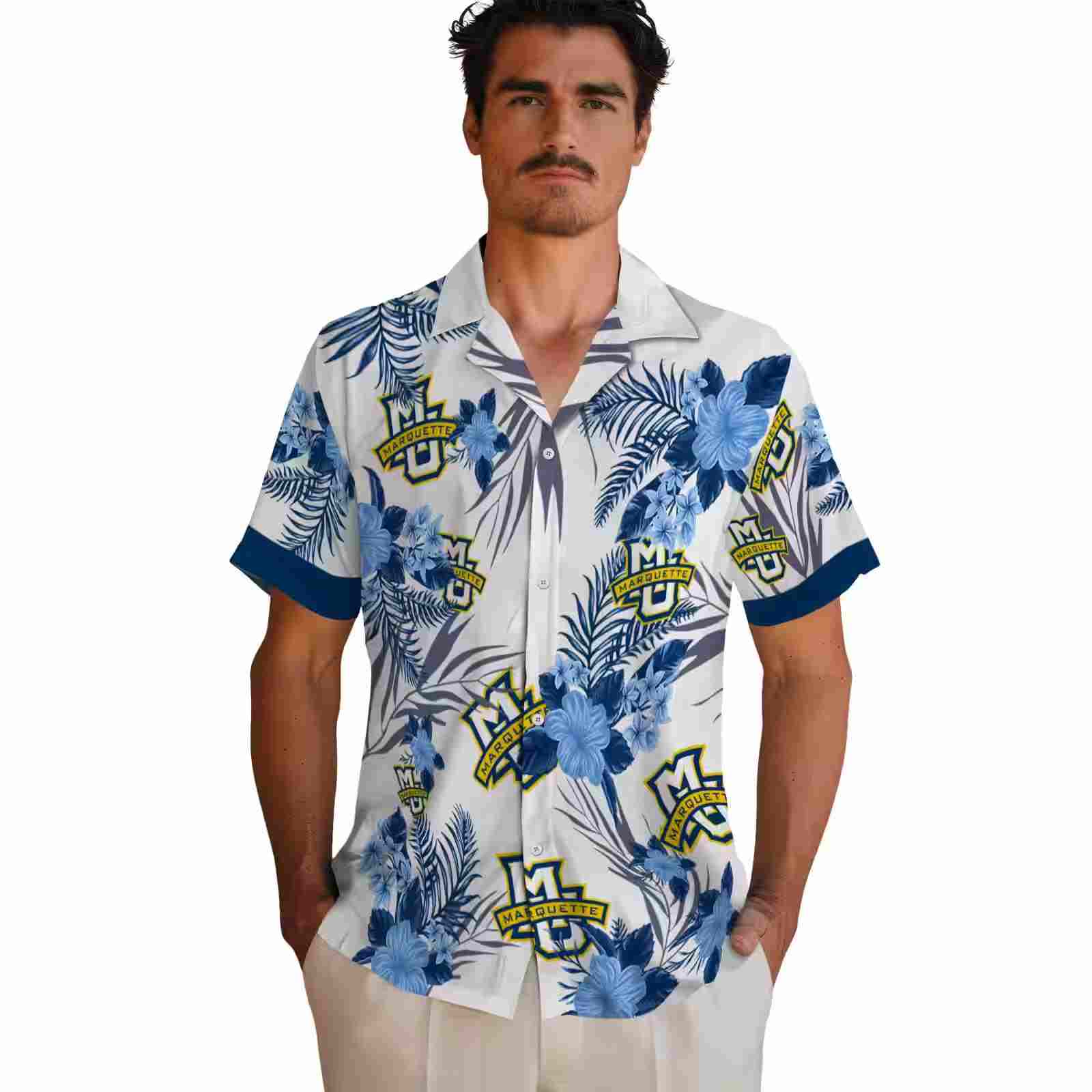 marquette golden eagles patriotic hibiscus design blue white hawaiian shirt fashion forward