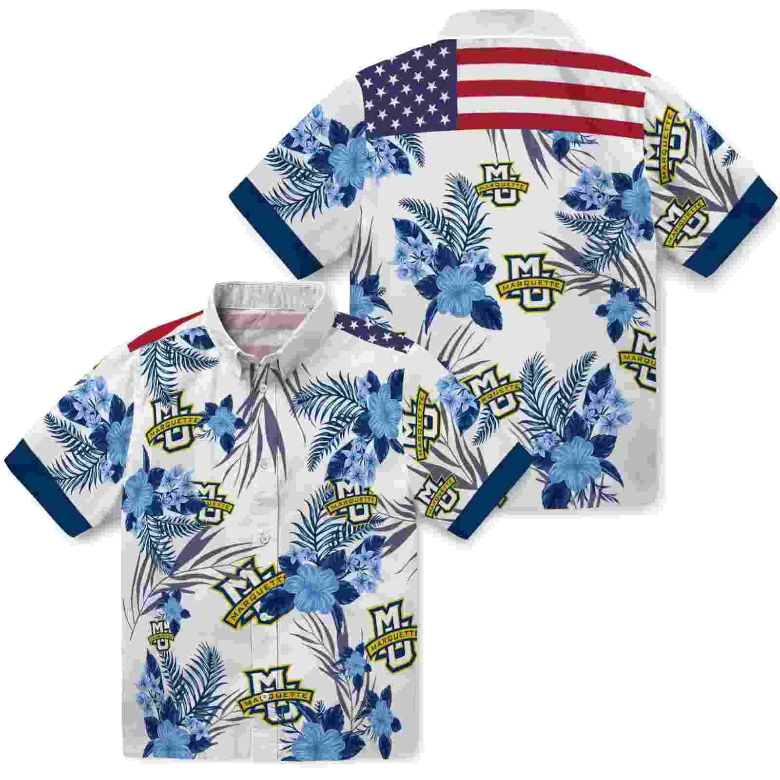 marquette golden eagles patriotic hibiscus design blue white hawaiian shirt high quality