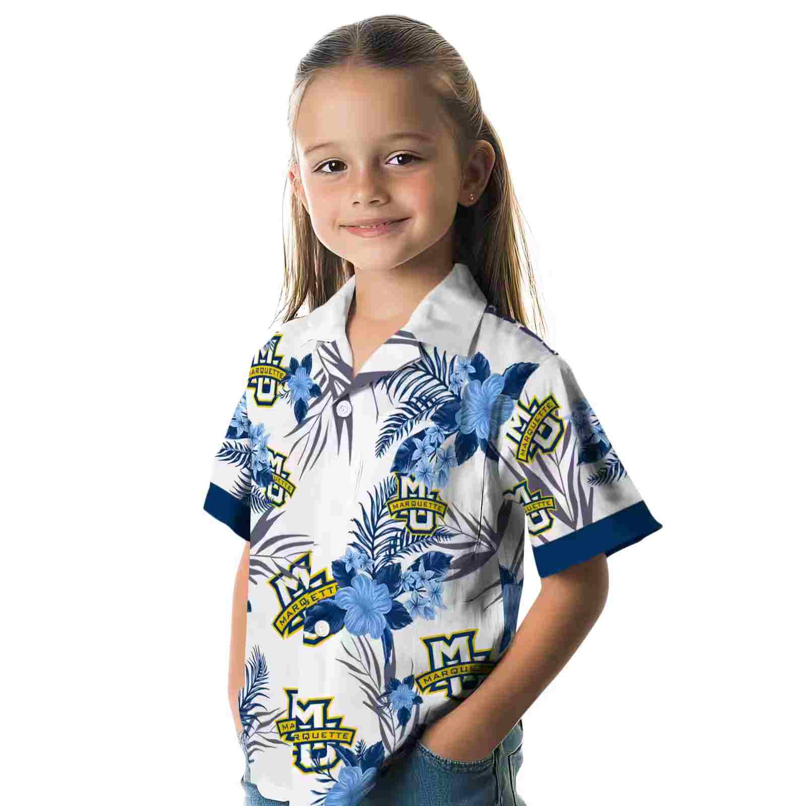 marquette golden eagles patriotic hibiscus design blue white hawaiian shirt premium grade