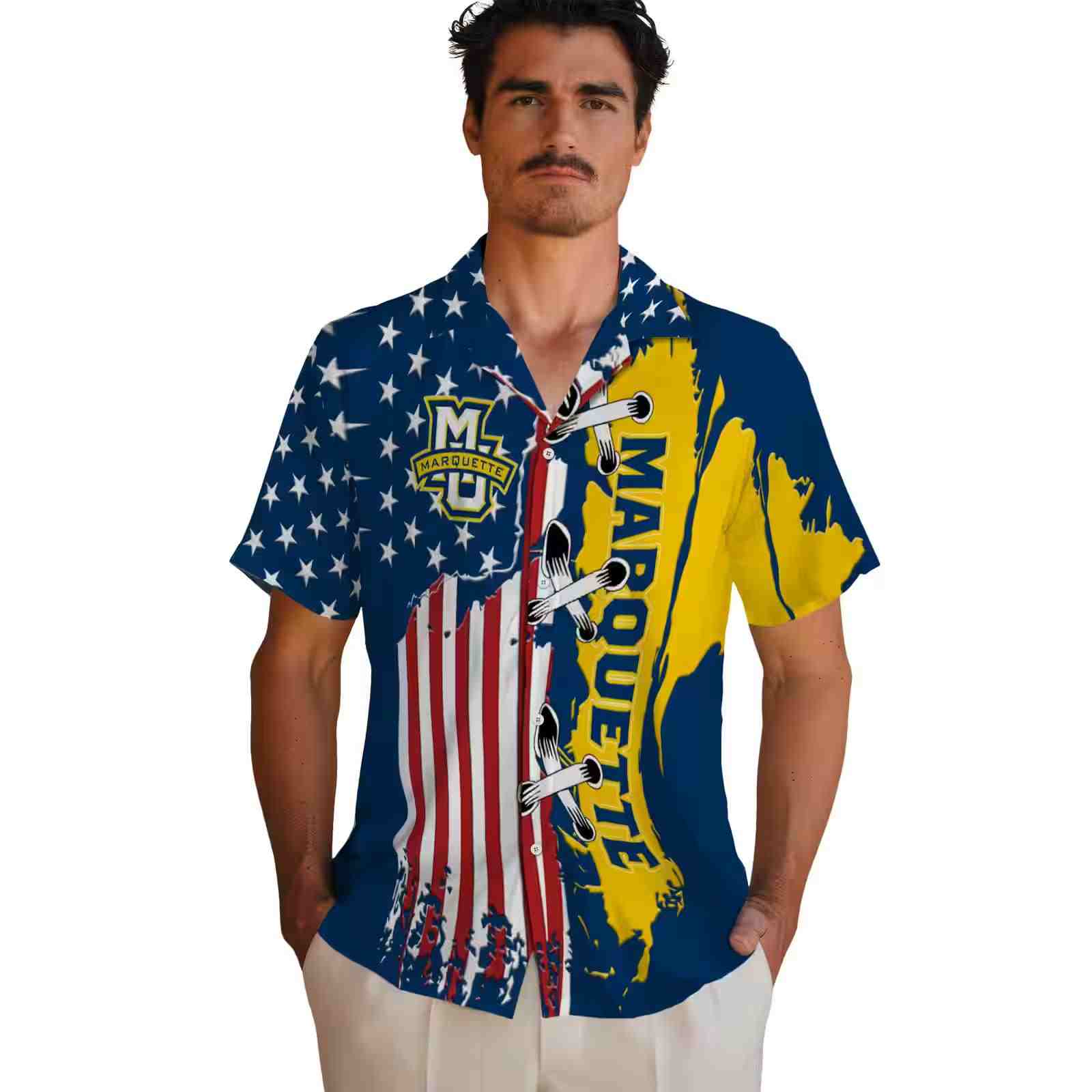 marquette golden eagles stitched flag blue hawaiian shirt fashion forward