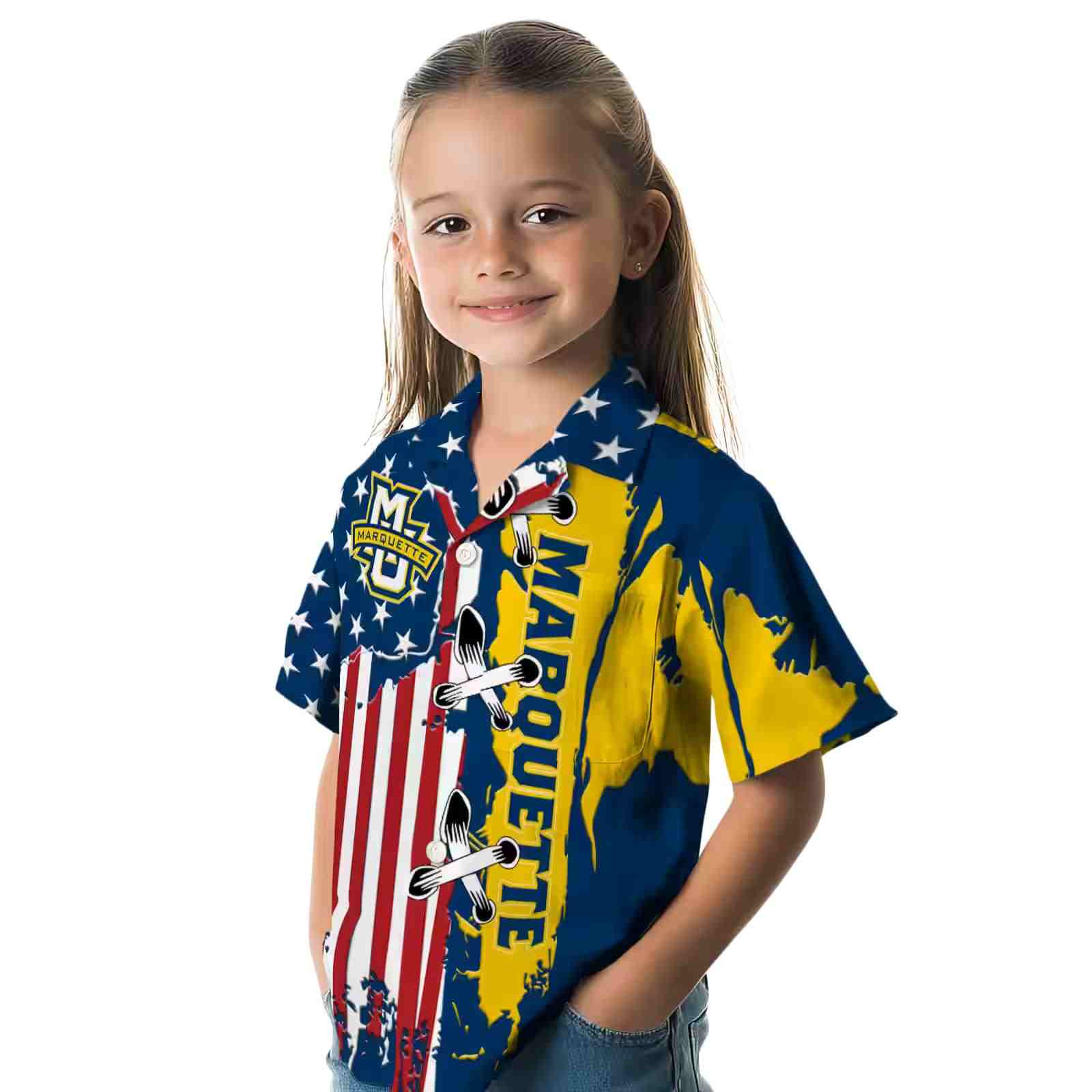 marquette golden eagles stitched flag blue hawaiian shirt premium grade