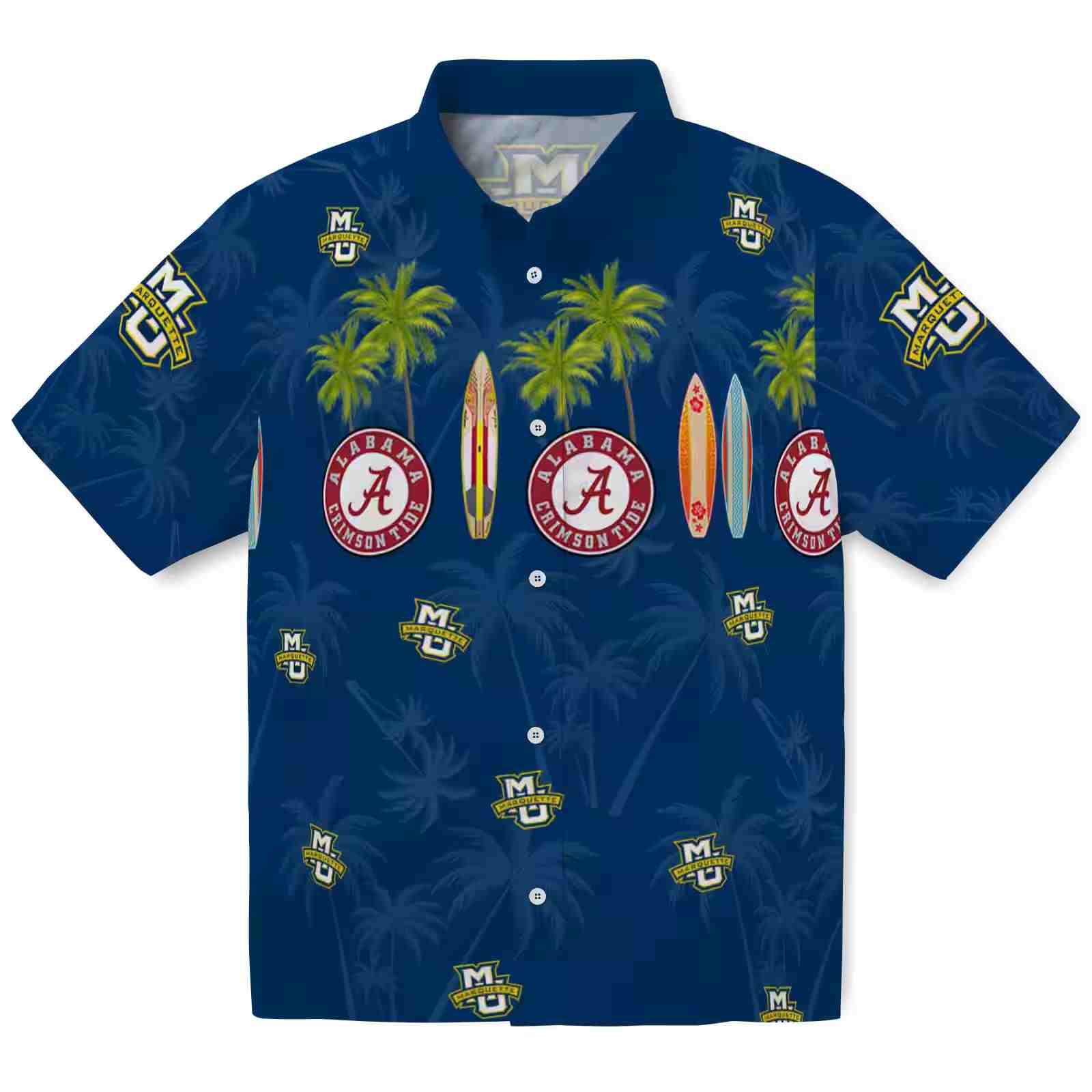 Marquette Golden Eagles Surfboard Palm Blue Hawaiian Shirt