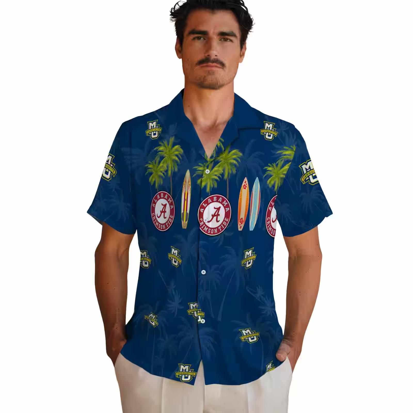 marquette golden eagles surfboard palm blue hawaiian shirt fashion forward