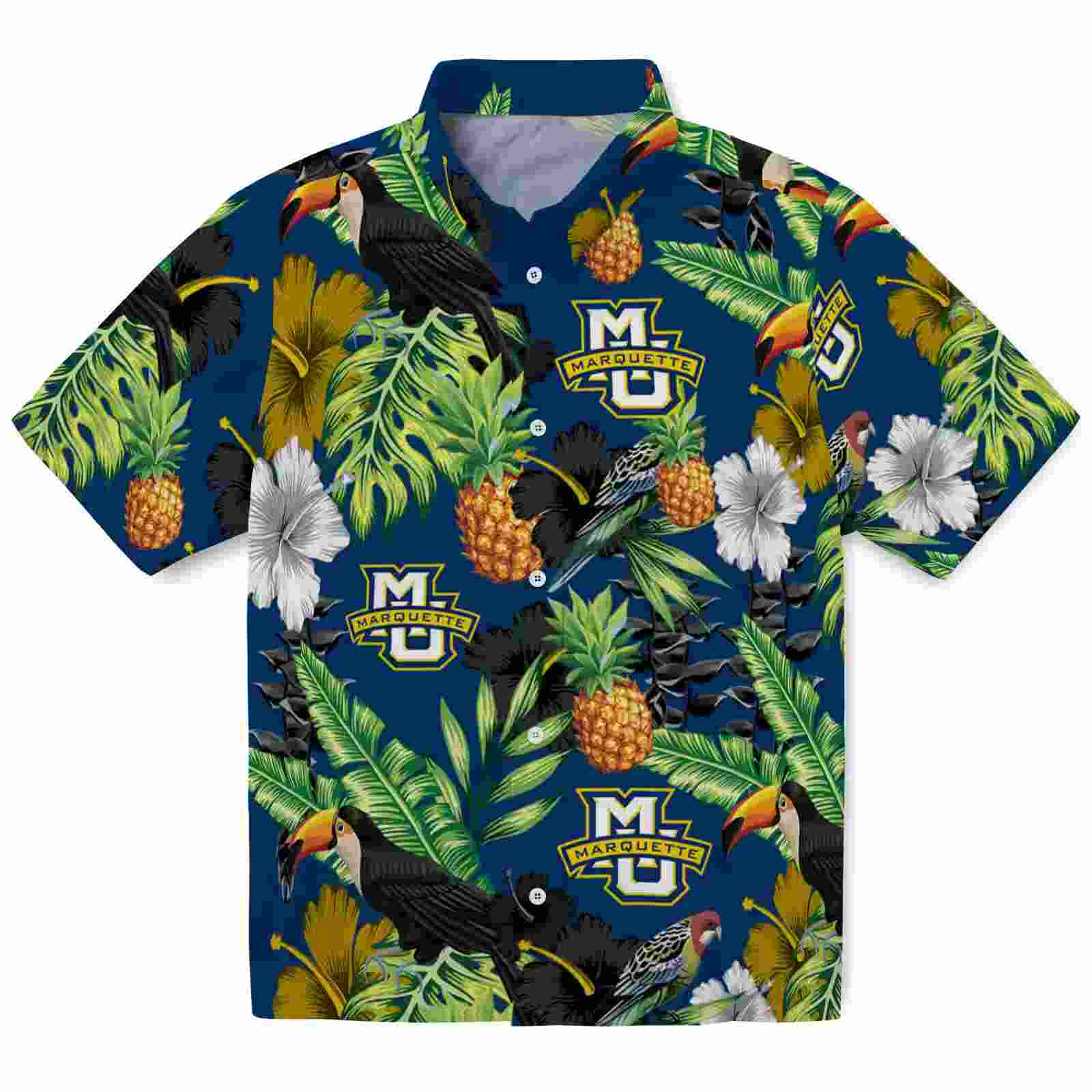 Marquette Golden Eagles Toucan Hibiscus Pineapple Blue Green Hawaiian Shirt