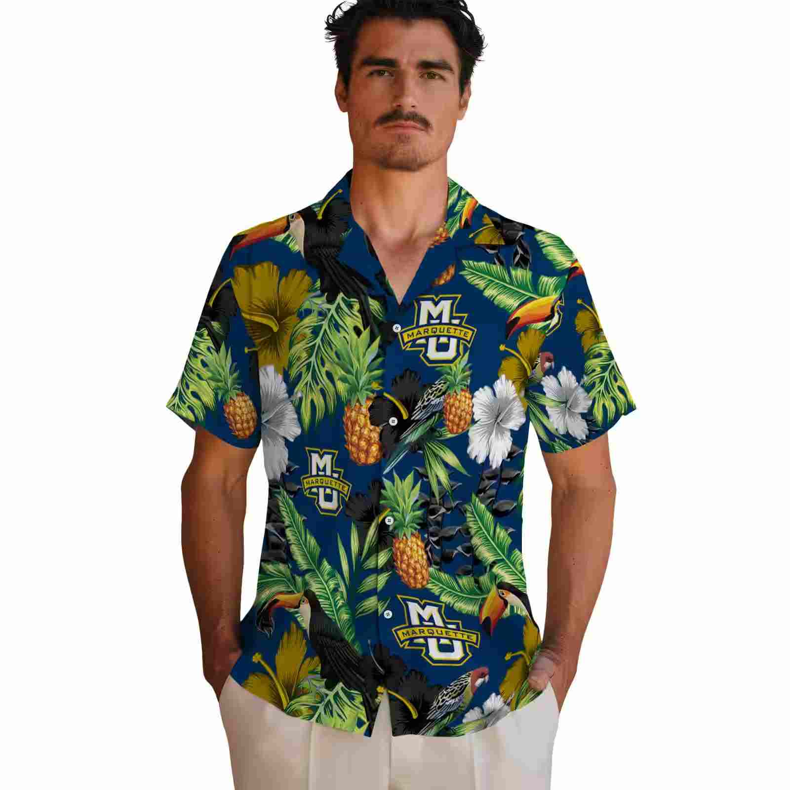 marquette golden eagles toucan hibiscus pineapple blue green hawaiian shirt fashion forward