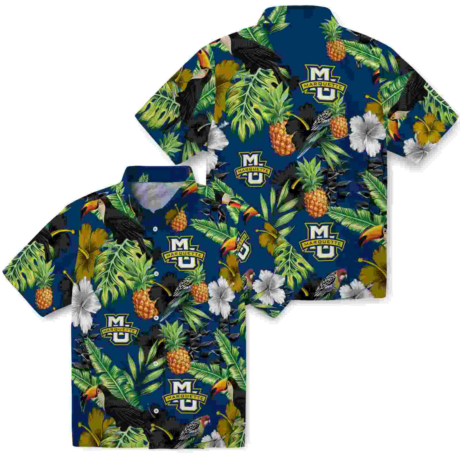 marquette golden eagles toucan hibiscus pineapple blue green hawaiian shirt high quality