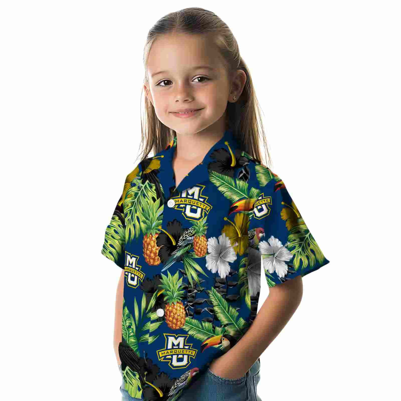 marquette golden eagles toucan hibiscus pineapple blue green hawaiian shirt premium grade