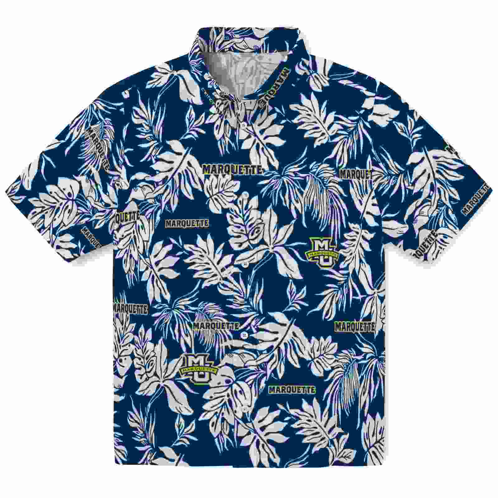 Marquette Golden Eagles Tropical Leaf Blue White Hawaiian Shirt