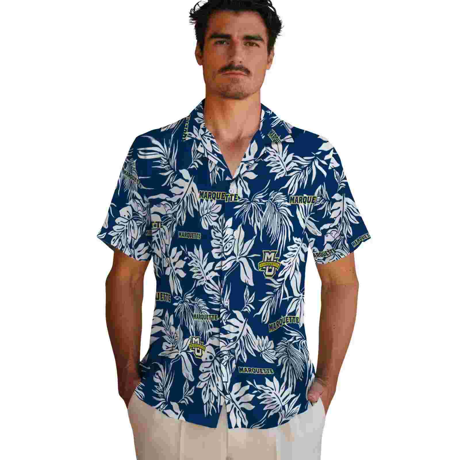 marquette golden eagles tropical leaf blue white hawaiian shirt fashion forward