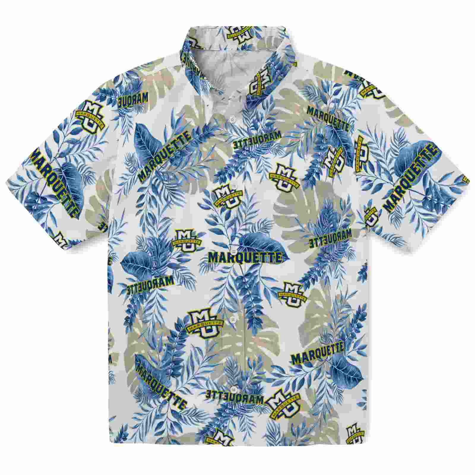 Marquette Golden Eagles Tropical Leaves Blue White Hawaiian Shirt