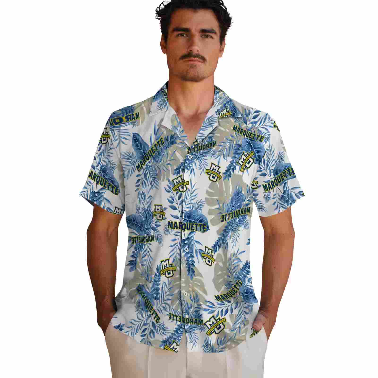 marquette golden eagles tropical leaves blue white hawaiian shirt fashion forward