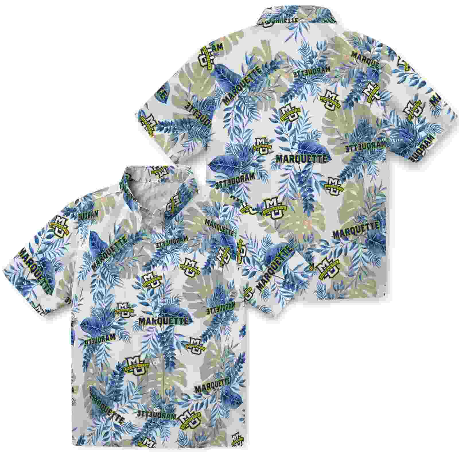 marquette golden eagles tropical leaves blue white hawaiian shirt high quality